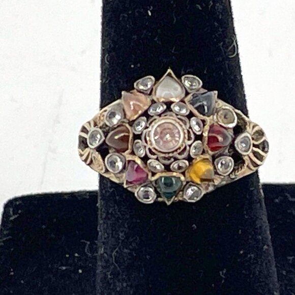Antique 9k Yellow Gold Harem Ring w/ Spinel, Ruby, & Citrine 3.71g